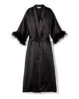 100% Mulberry Black Silk Luxe Long Robe with Feathers