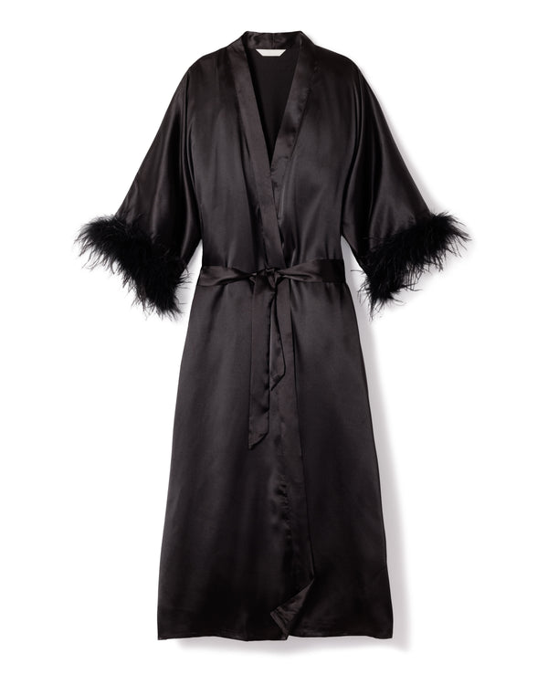 Women's Silk Long Feather Robe in Black