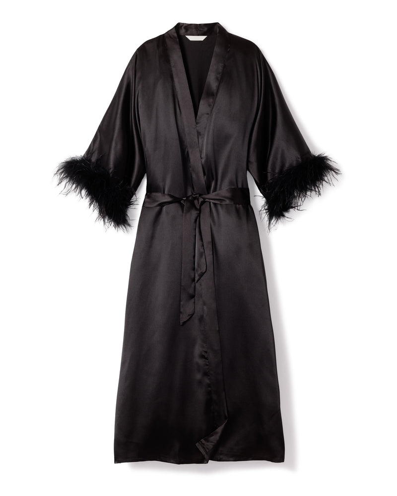 100% Mulberry Black Silk Luxe Long Robe with Feathers