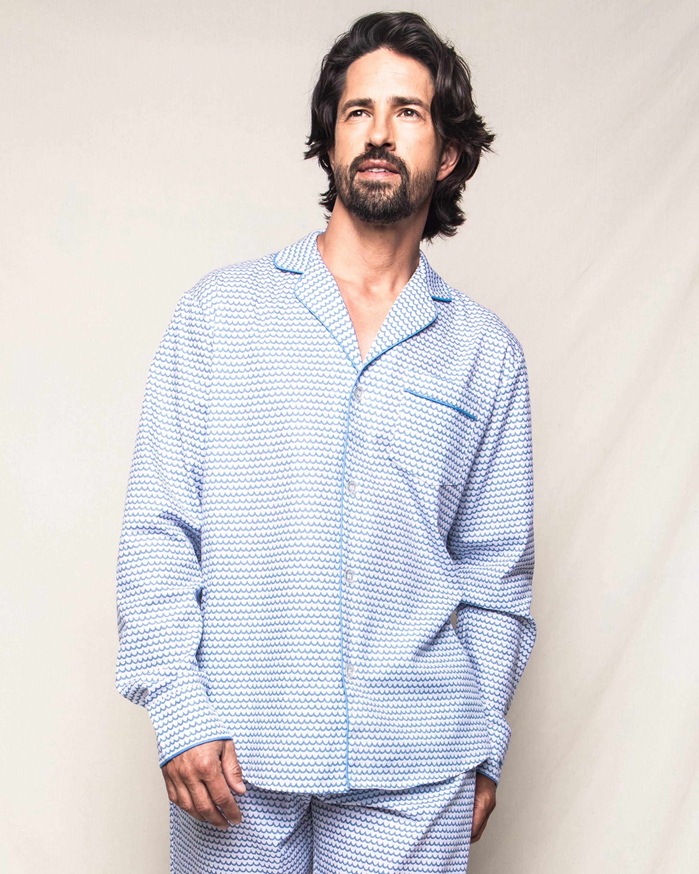 Men's Twill Pajama Set in Vintage French Stripes in La Mer#Color_La Mer