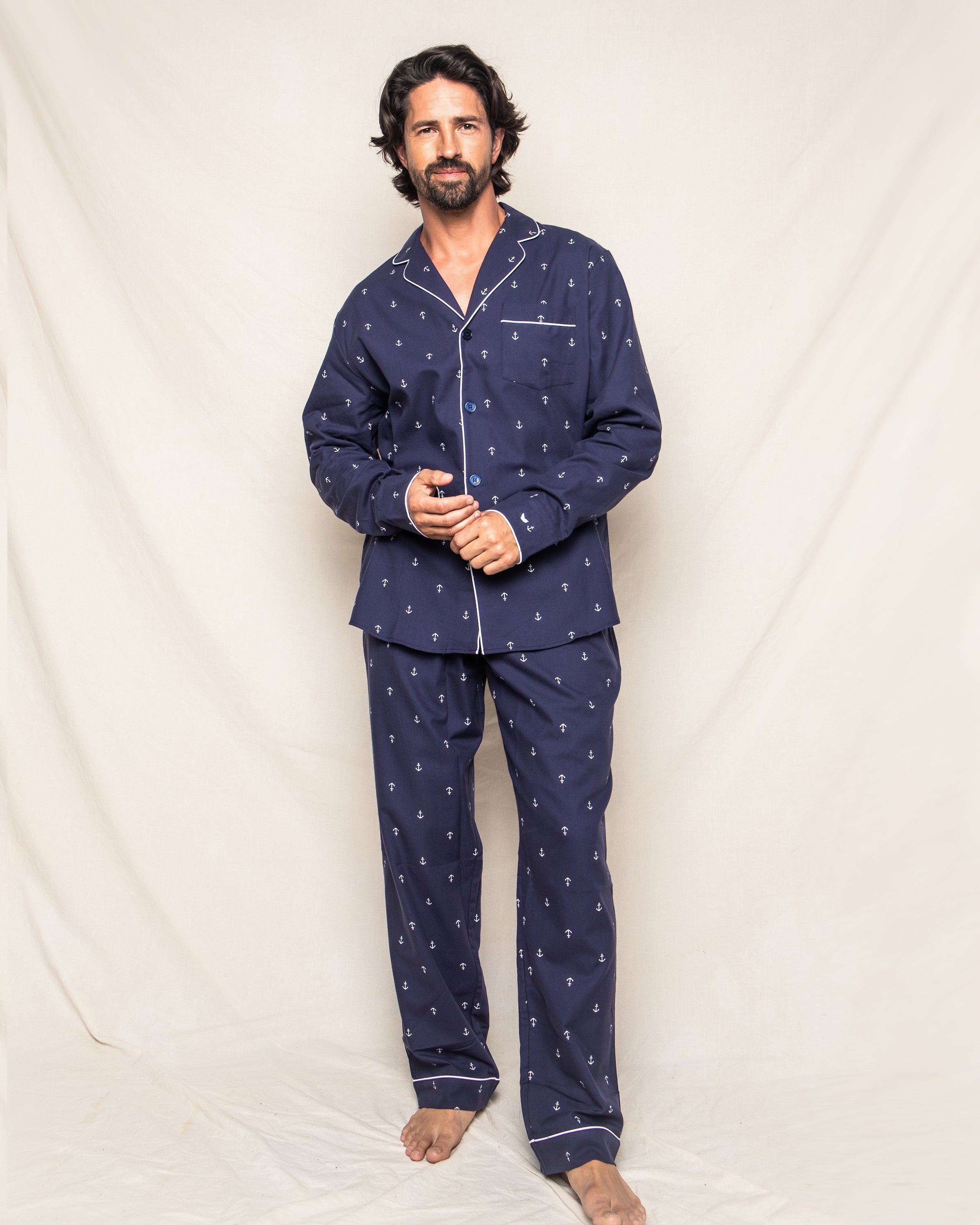Men's Twill Pajama Set in Brixham Lobsters in Portsmouth Anchors #Color_Portsmouth Anchors