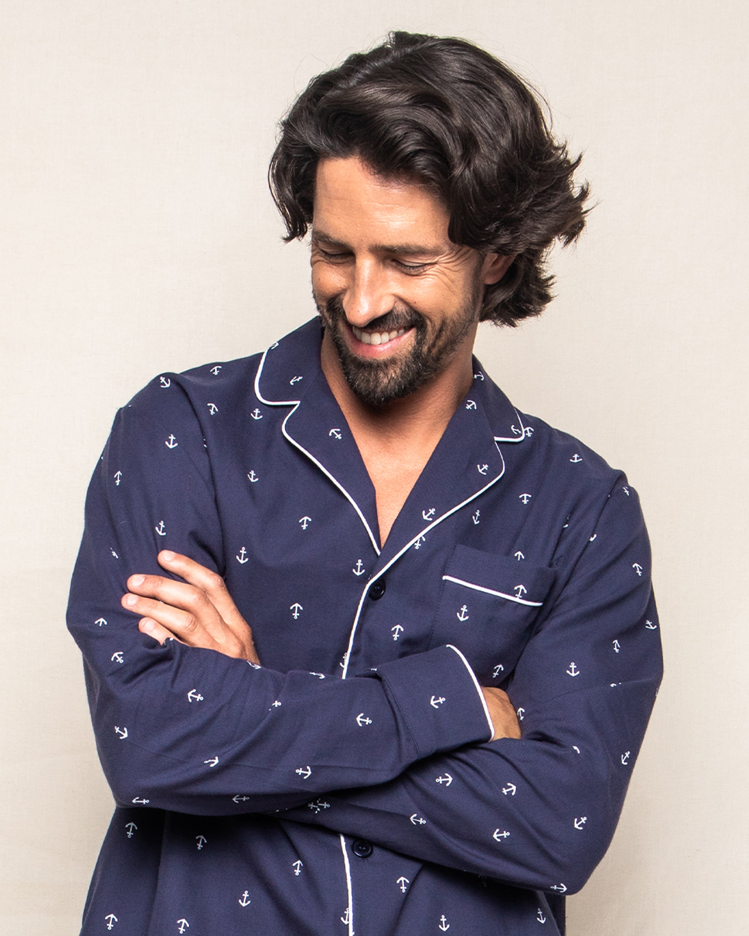 Men's Twill Pajama Set in Brixham Lobsters in Portsmouth Anchors #Color_Portsmouth Anchors