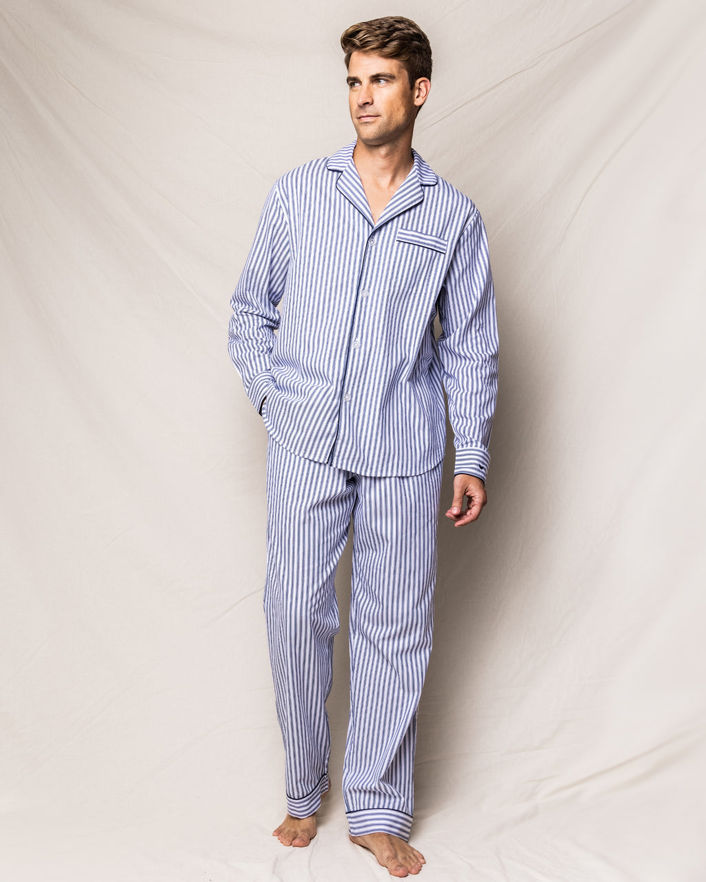 Men's Navy French Ticking Twill Pajamas | Petite Plume