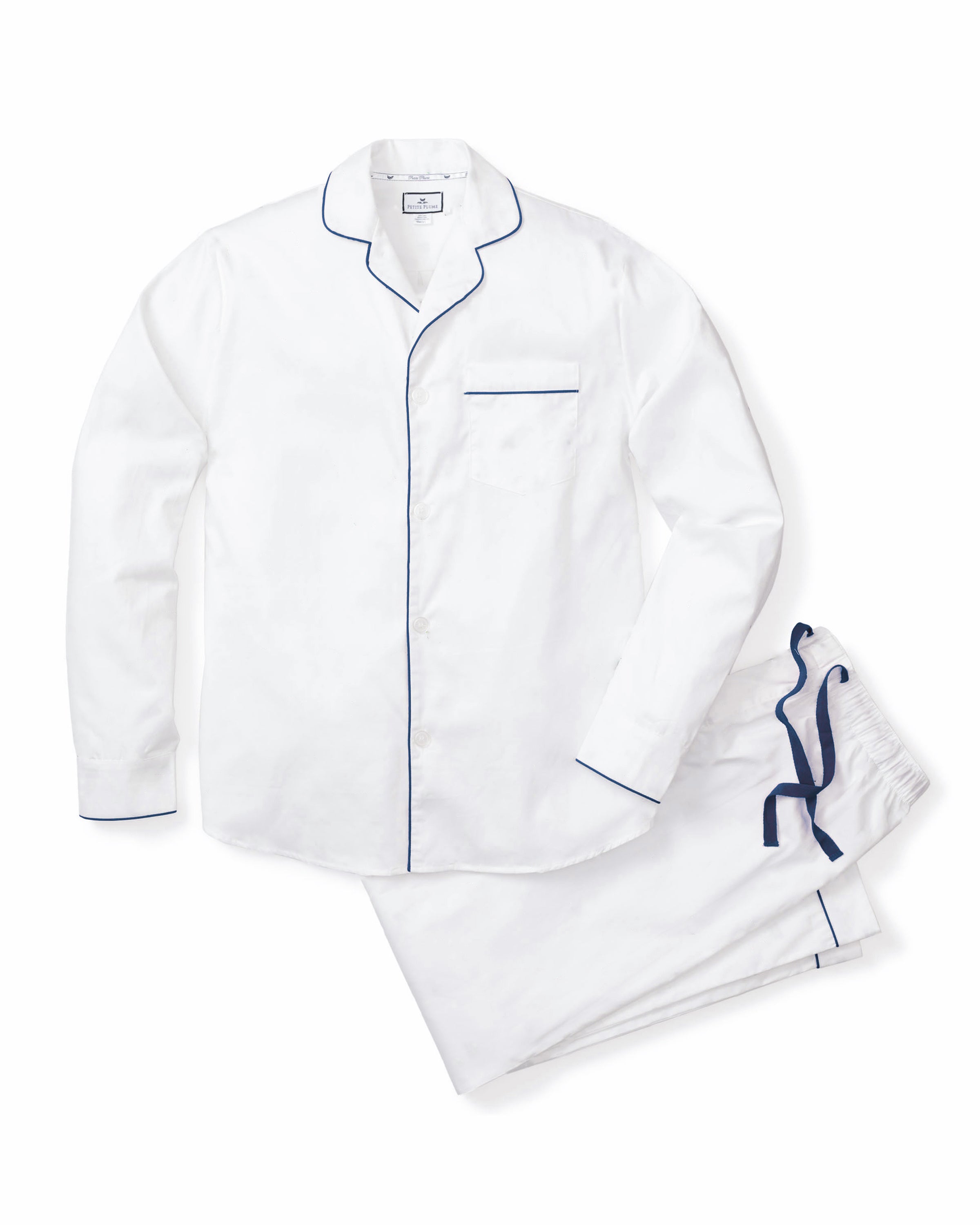 Men's Twill Pajama Set in White with Green Piping in White with Navy Piping#Color_White with Navy Piping
