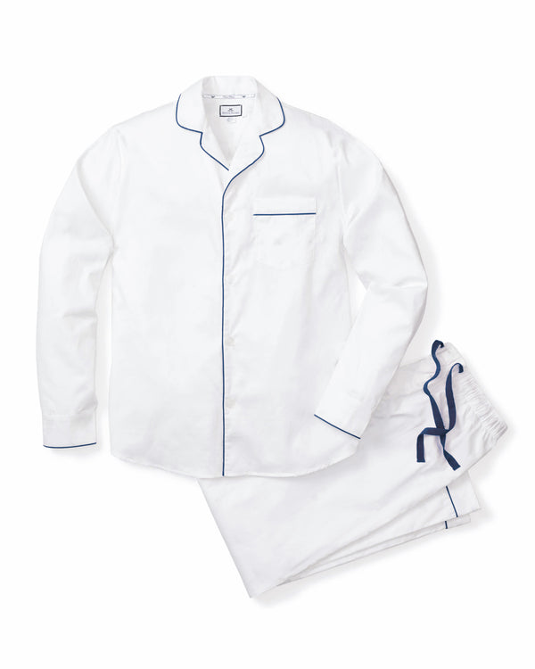 Men's Twill Pajama Set in White with Navy Piping