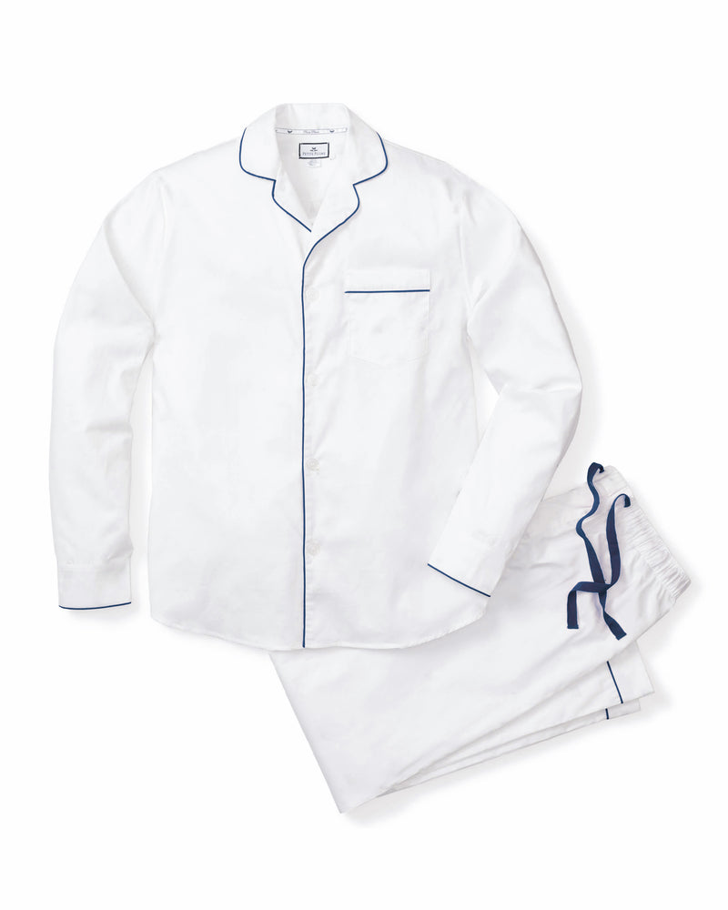 Men's Twill Pajama Set in White with Navy Piping – Petite Plume