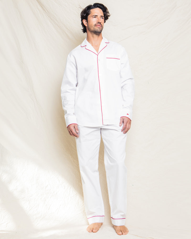 Men's Classic White Twill Pajama Set with Red Piping