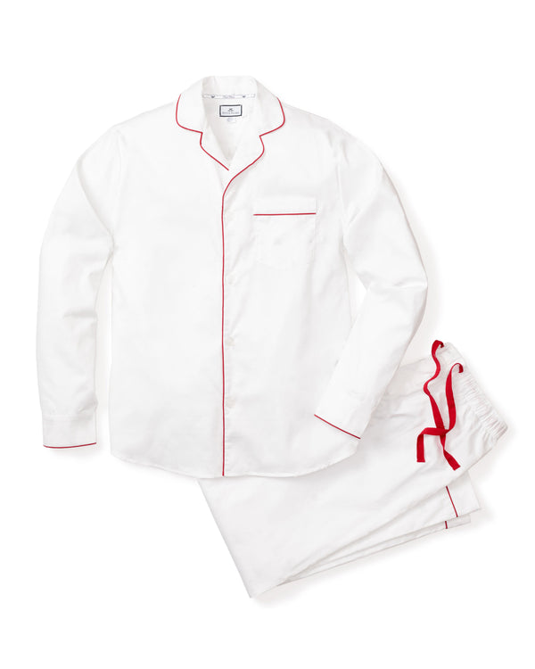 Men's Twill Pajama Set in White with Red Piping
