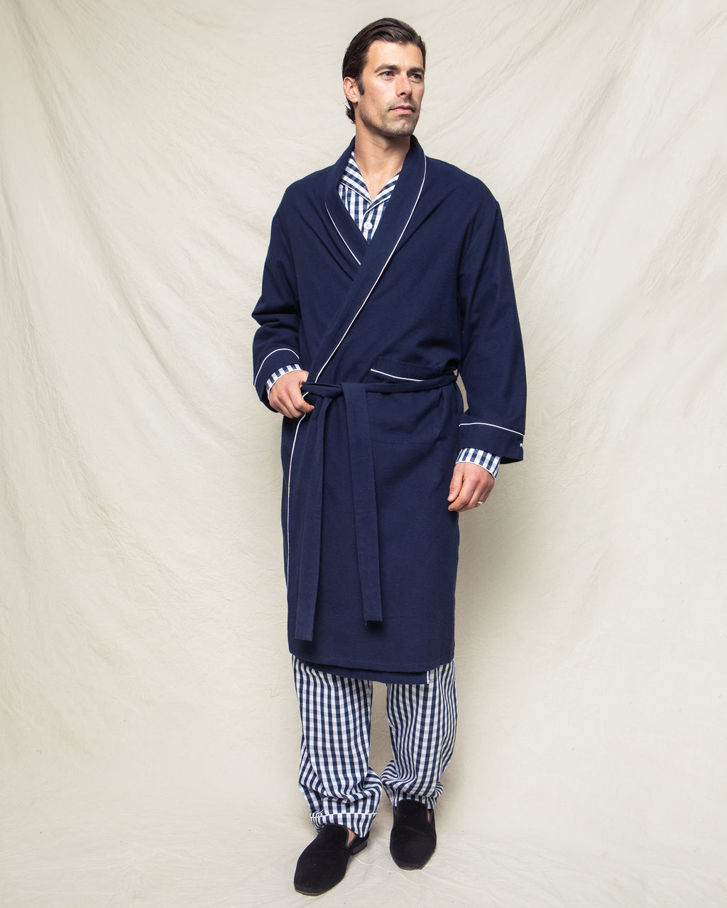 Men's Flannel Robe in Navy with White Piping Petite Plume