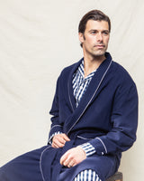 Men's Navy Flannel Robe with White Piping
