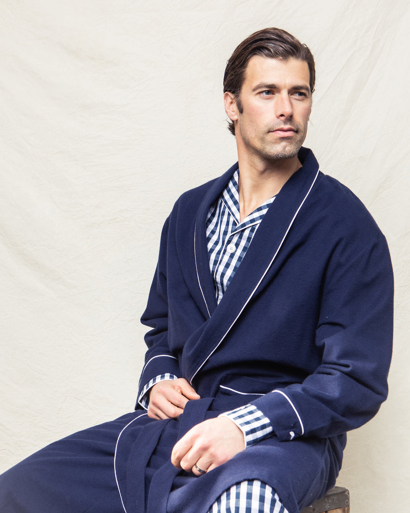 Men's Flannel Robe in Navy with White Piping