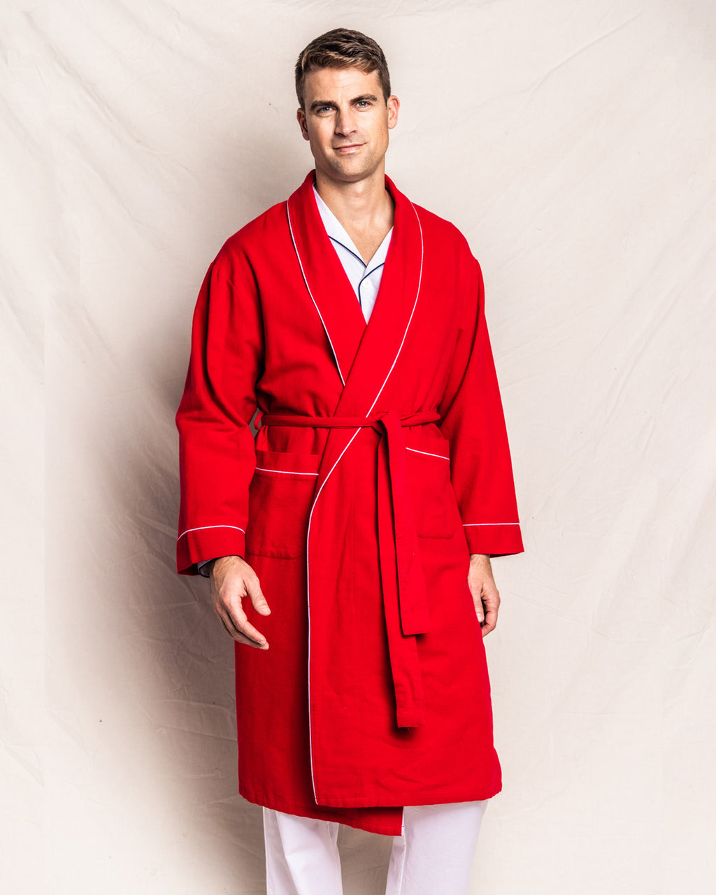 Fether Robe Men Men's Flannel Robe in Red with White Piping – Petite Plume