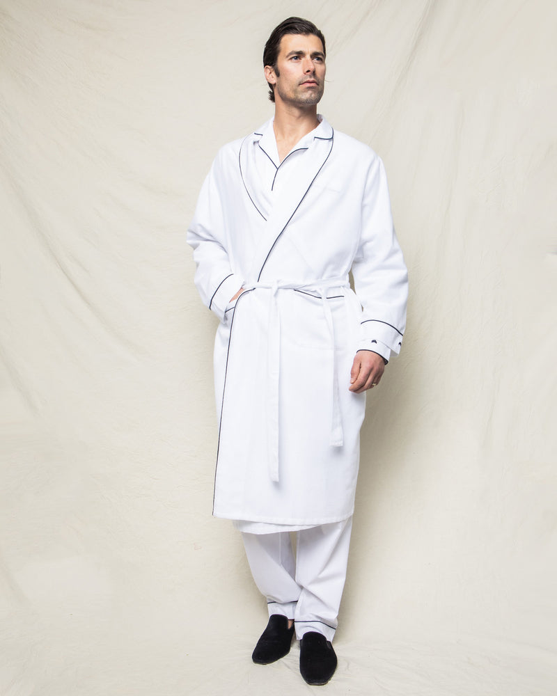 Men's Flannel Robe in White with Navy Piping