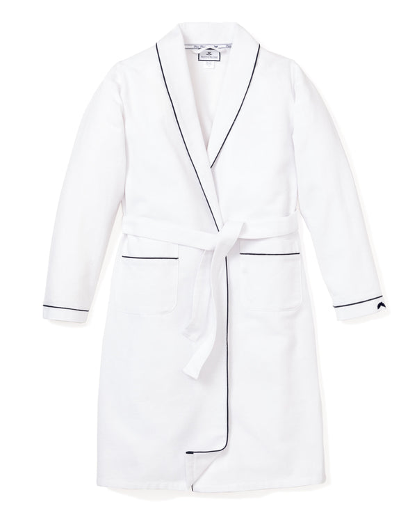 Men's Flannel Robe in White with Navy Piping