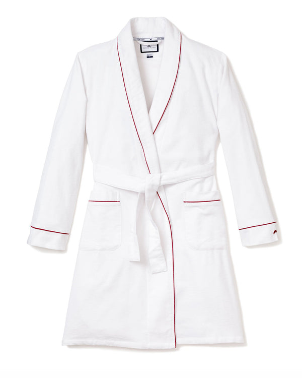 Men's Flannel Robe in White with Red Piping