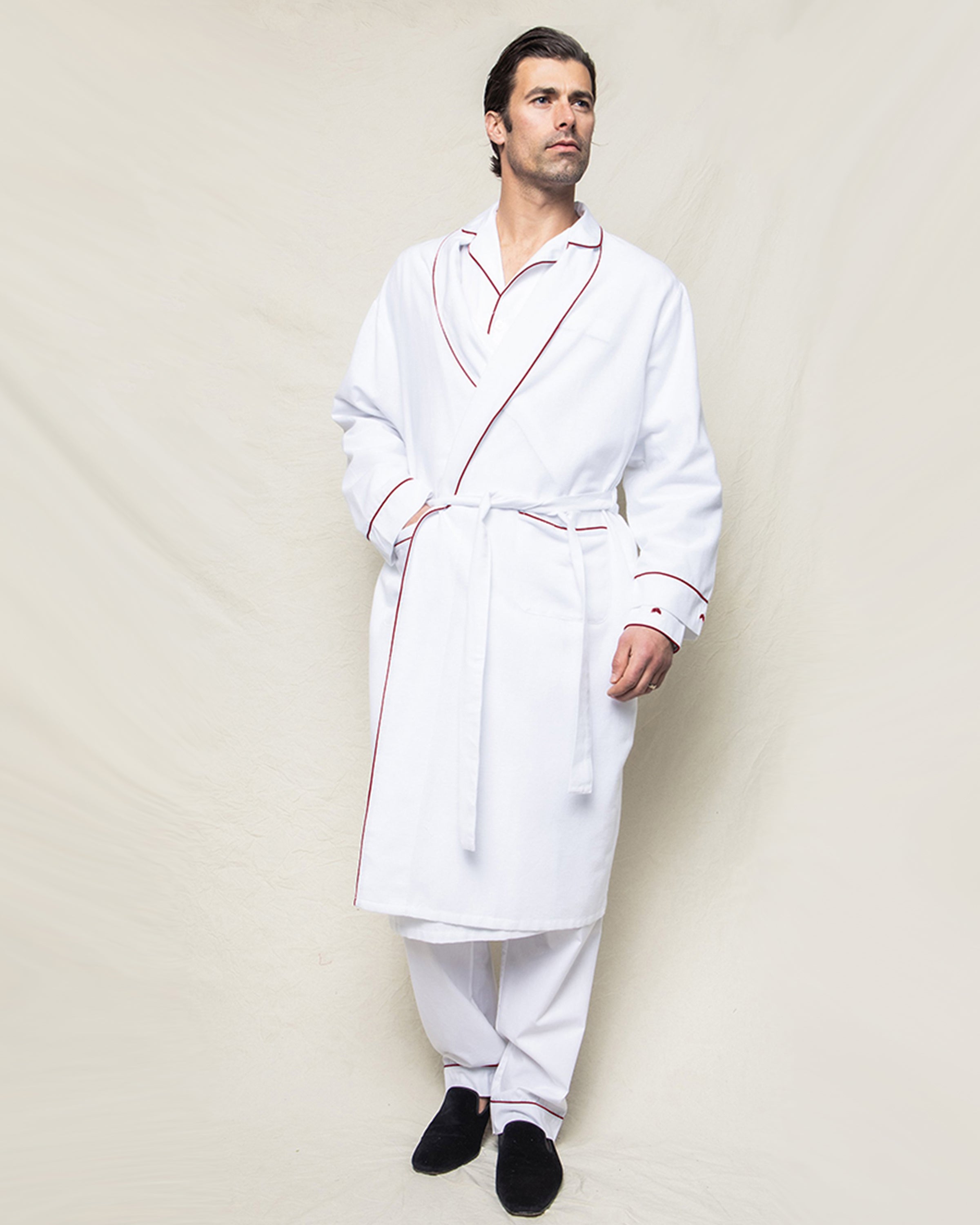 Men's Flannel Robe in White with Red Piping – Petite Plume