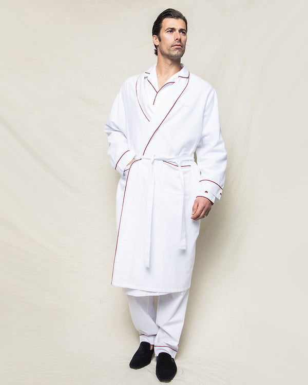 Men's Flannel Robe in White with Red Piping