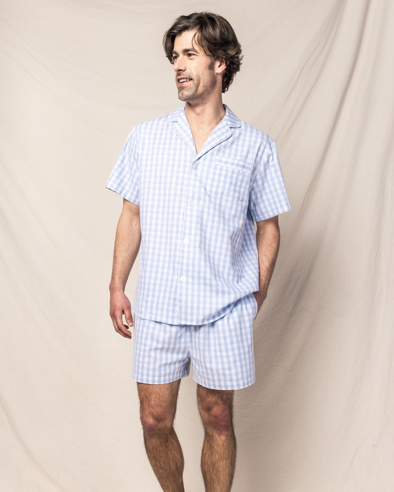 Men's Twill Pajama Short Set in Light Blue Gingham