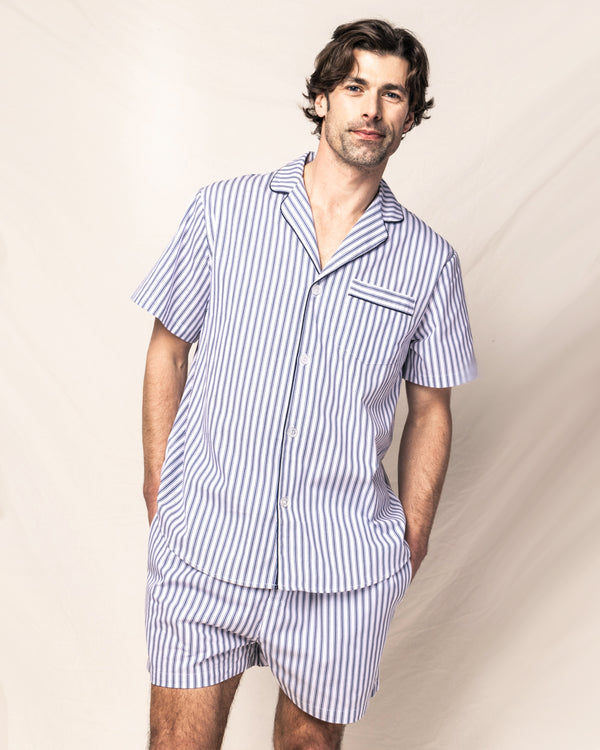 Men's Twill Pajama Short Set in Navy French Ticking