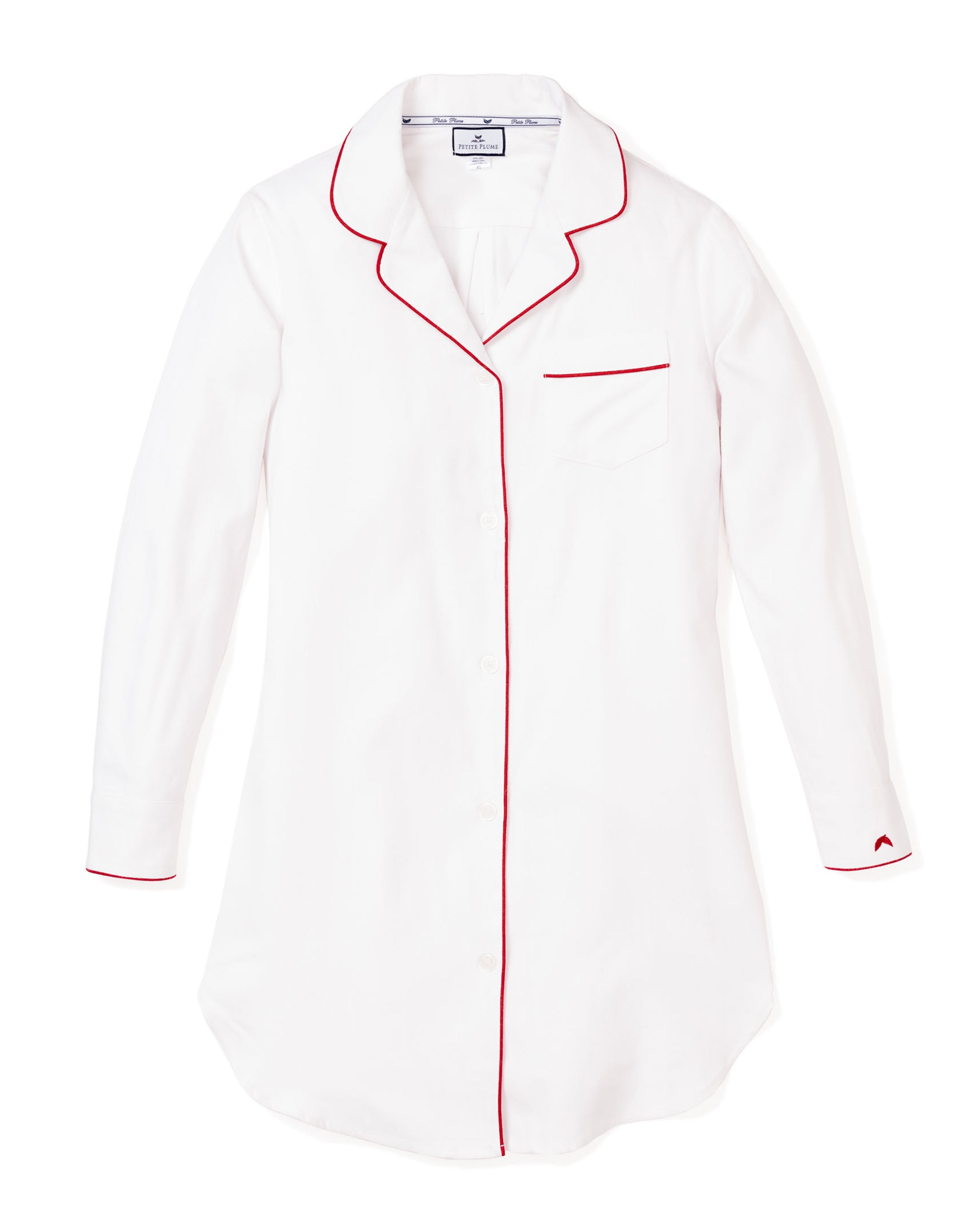 Women's Twill Nightshirt in White with Red Piping