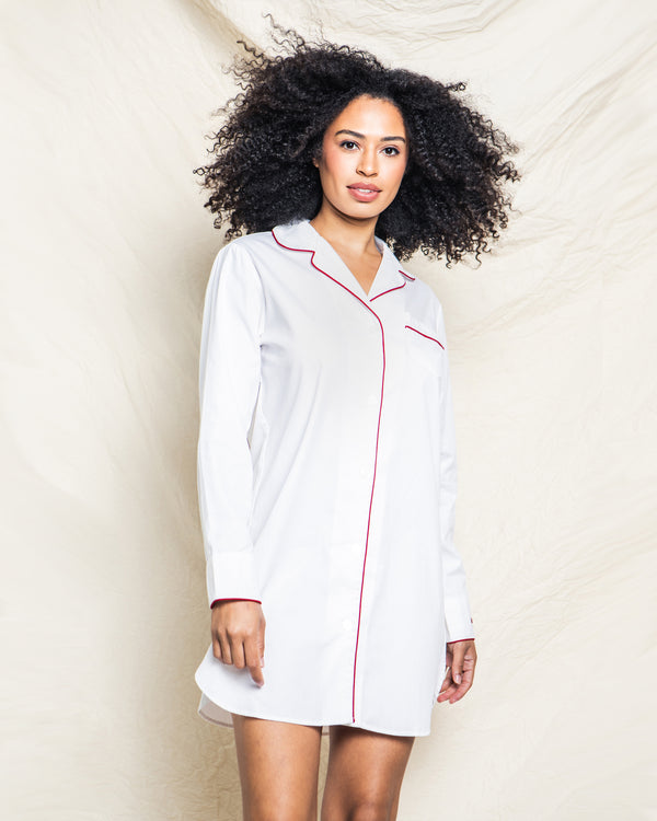 Women's Twill Nightshirt in White with Red Piping