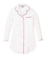 Women's White Twill Nightshirt with Red Piping