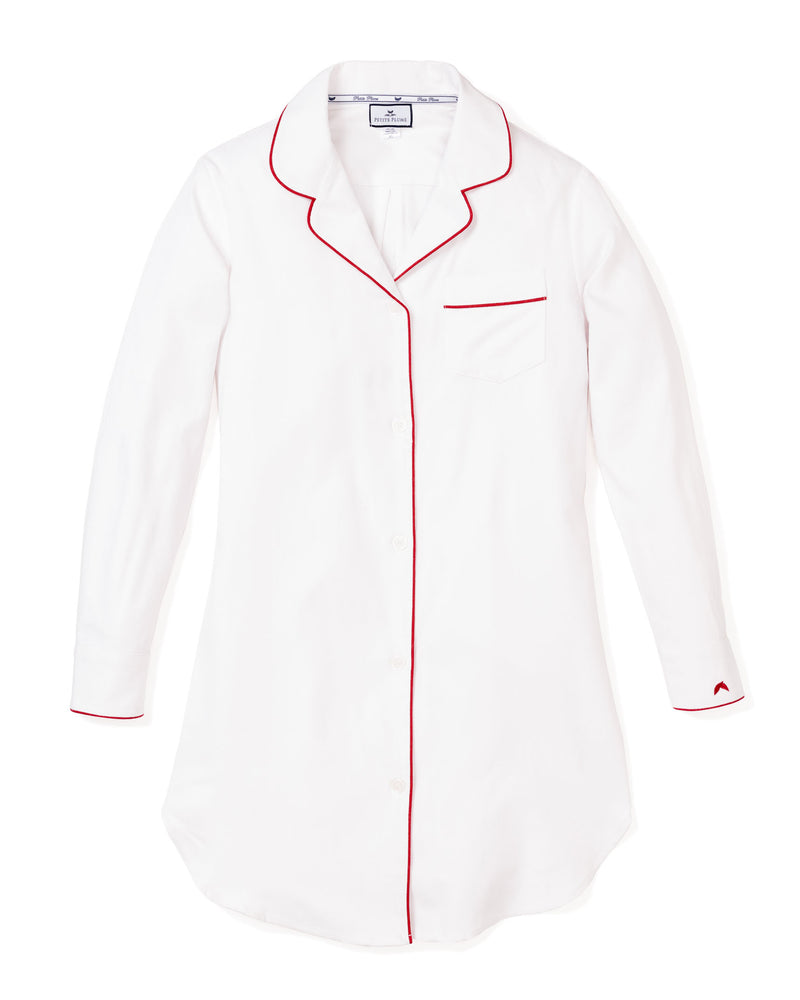 Women's White Twill Nightshirt with Red Piping