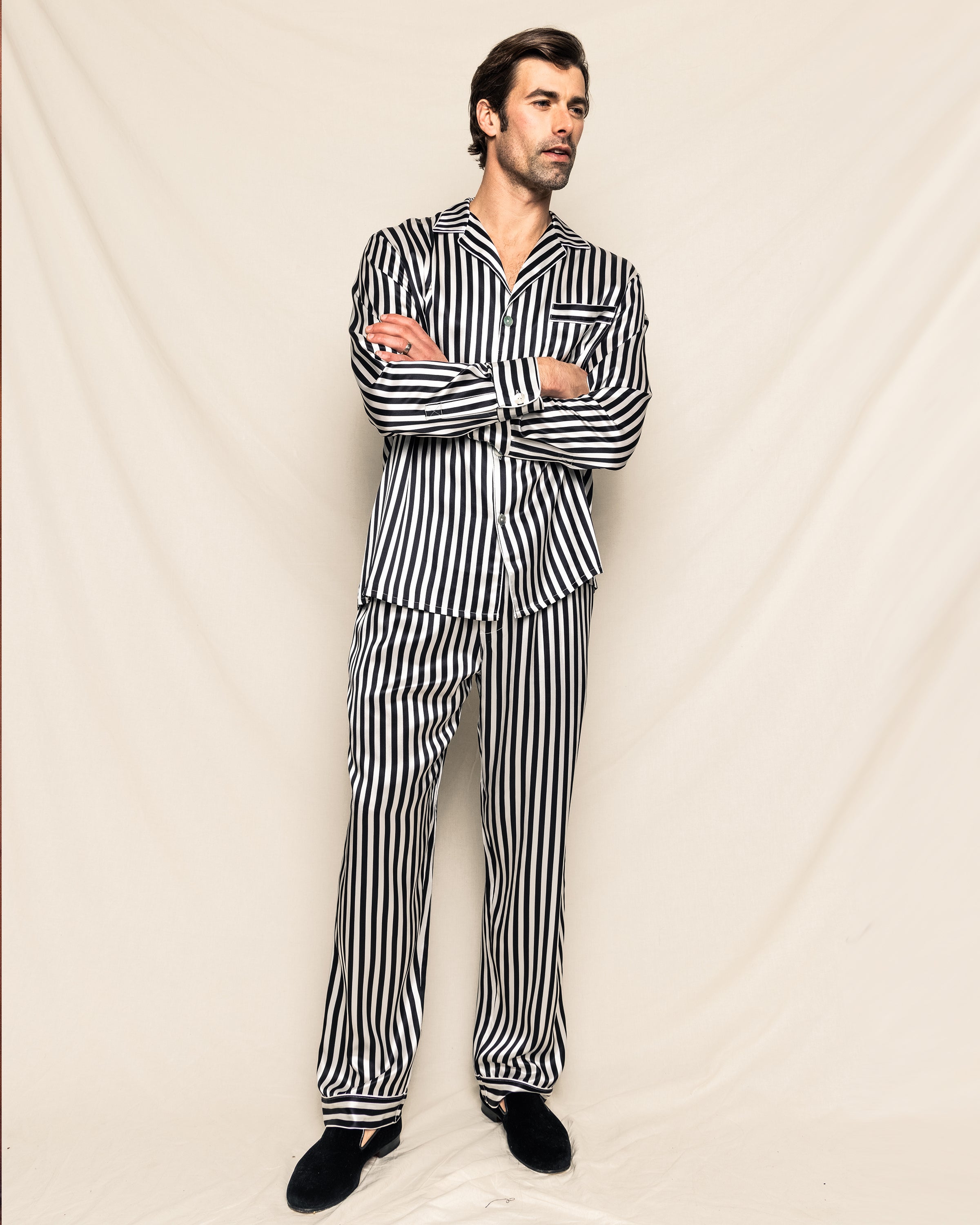 Men's Silk Pajama Set in Navy Bengal Stripe in Black and White Bengal Stripe#Color_Black and White Bengal Stripe