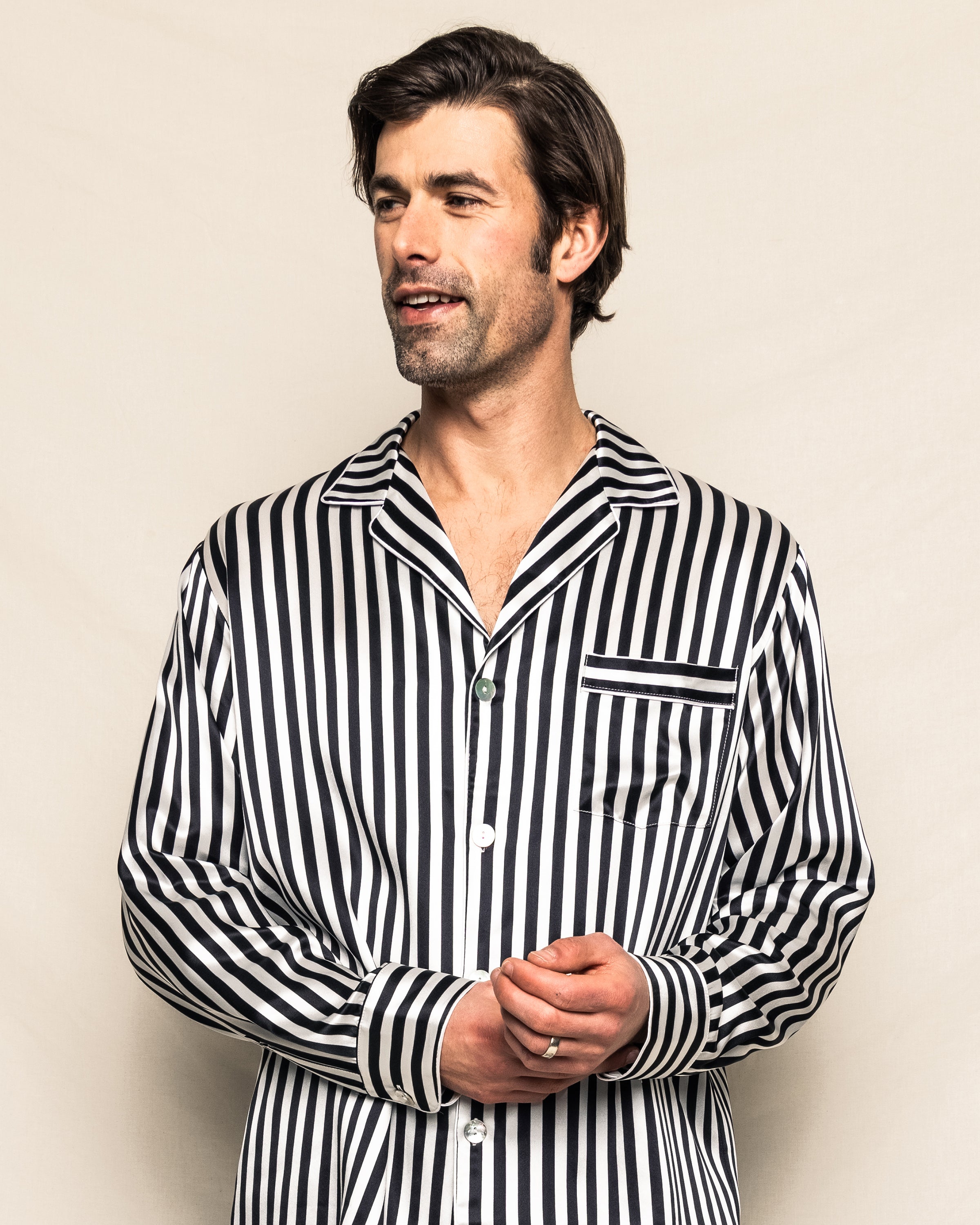 Men's Silk Pajama Set in Navy Bengal Stripe in Black and White Bengal Stripe#Color_Black and White Bengal Stripe