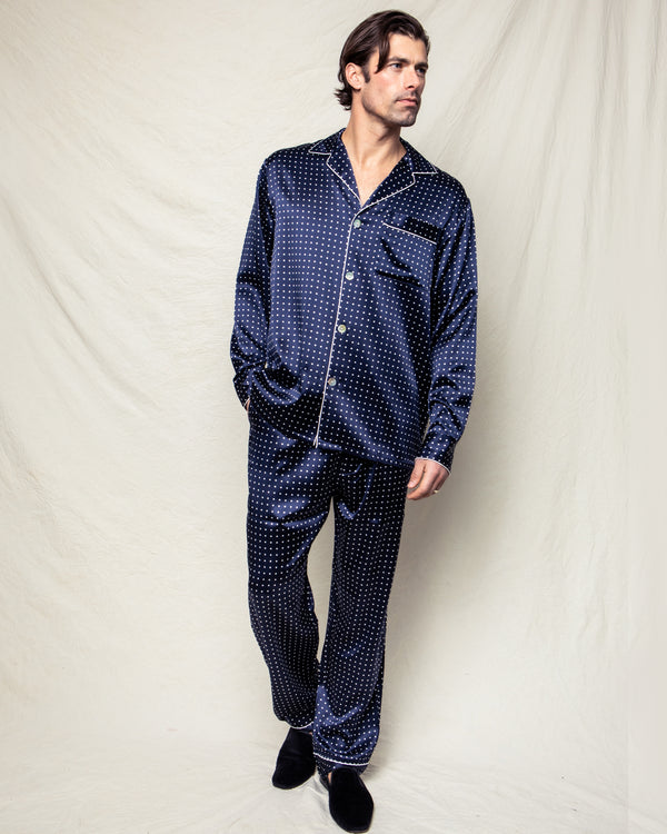 Men's Silk Pajama Set in Navy Polka Dot