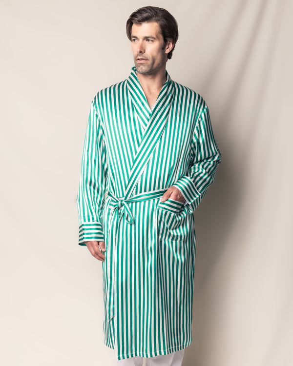 Men's Silk Long Robe in Green Stripe