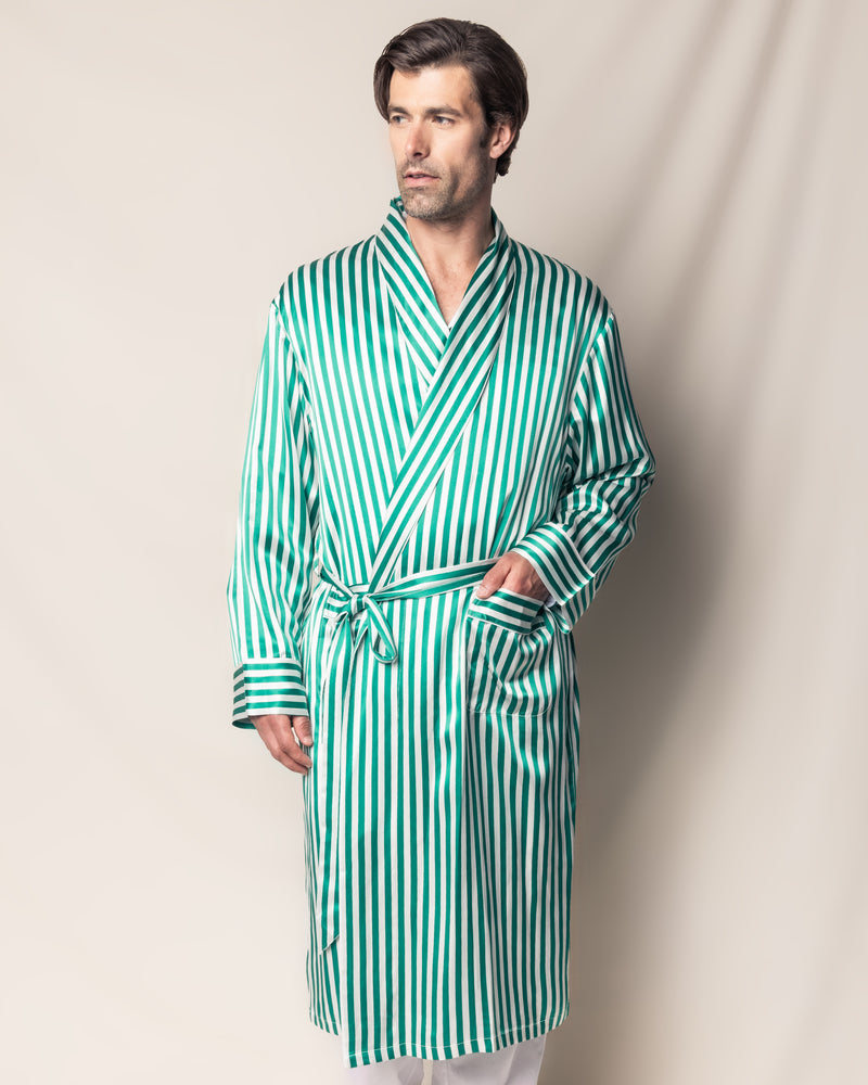 100% Mulberry Silk Green Stripe Men's Long Robe