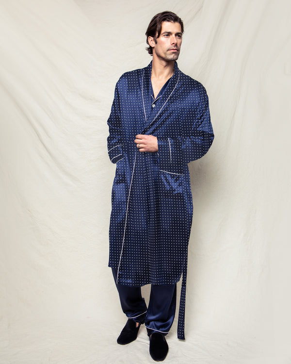 Men's Silk Long Robe in Navy Polka Dot