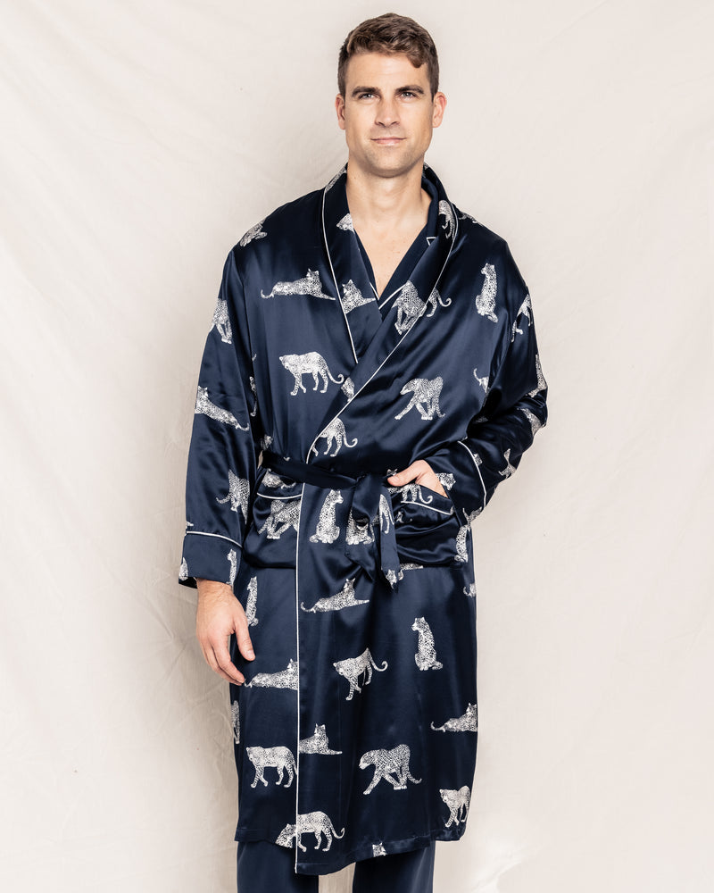 Men's Silk Long Robe in Panthère de Nuit