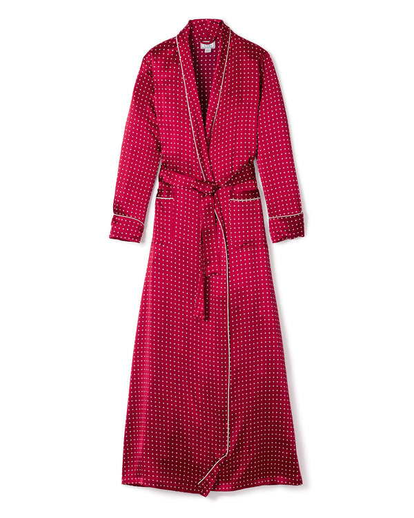 Women's Silk Long Robe in Bordeaux Polka Dot