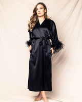 100% Mulberry Black Silk Luxe Long Robe with Feathers