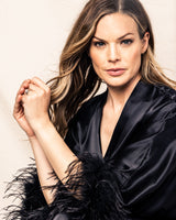 100% Mulberry Black Silk Luxe Long Robe with Feathers