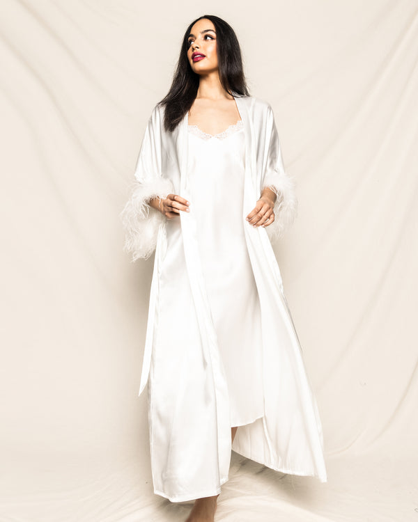 100% Mulberry White Silk Luxe Long Robe with Feathers