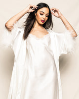100% Mulberry White Silk Luxe Long Robe with Feathers