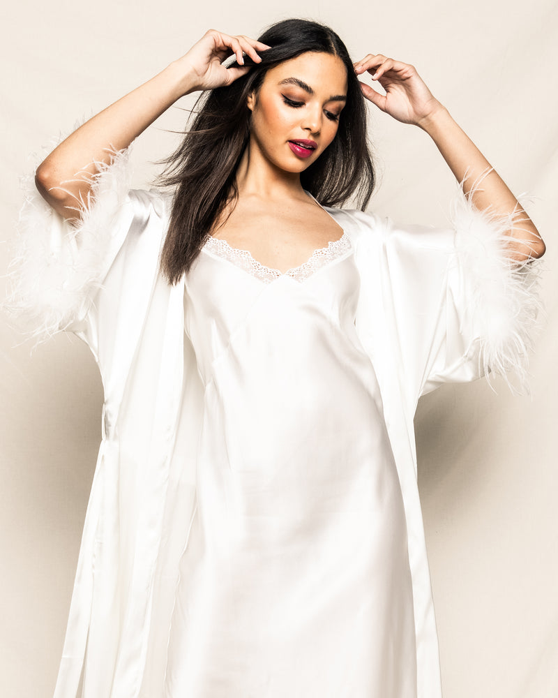 Women's Silk Long Feather Robe in White
