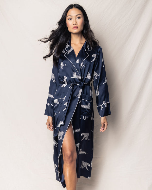 Women's Silk Long Robe in Panthère de Nuit