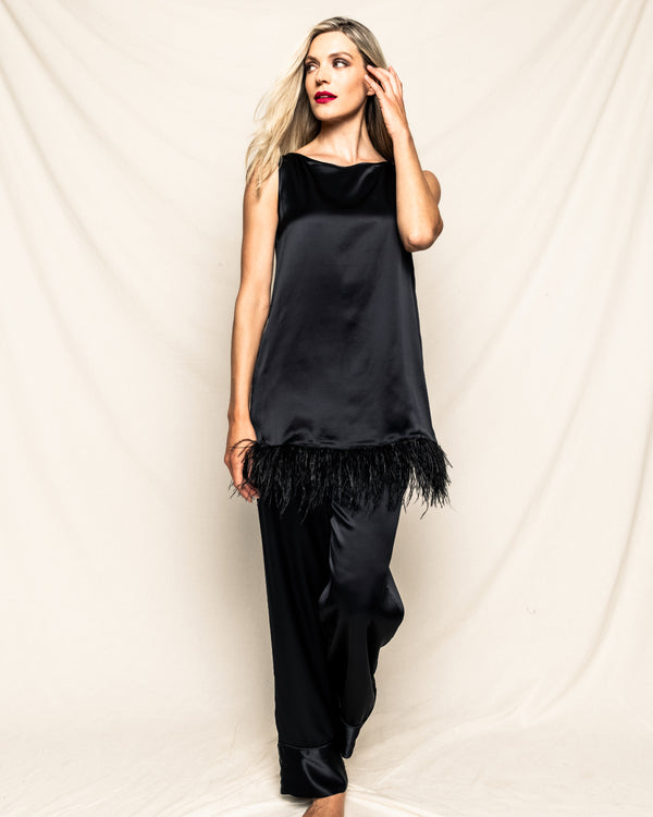 Women's Silk Feather Tunic Set in Black