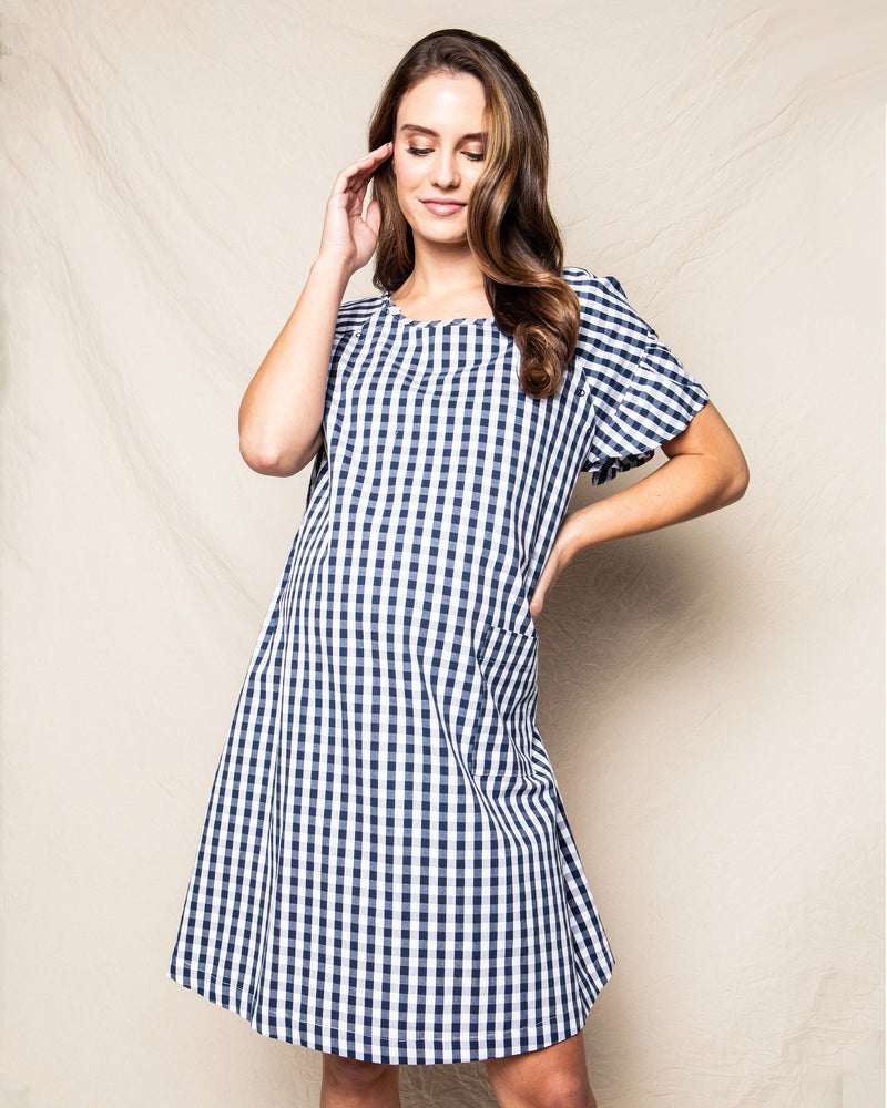 Women's Navy Gingham Hospital Gown