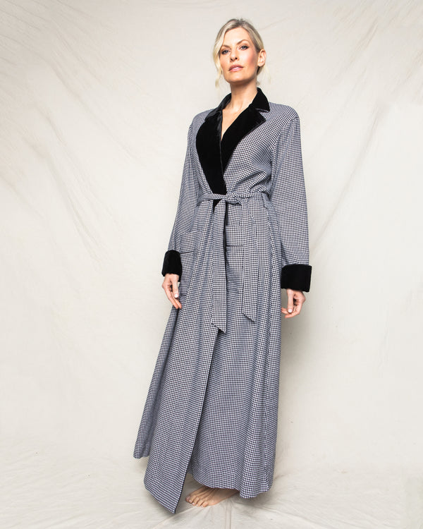 Women's Flannel Long Robe with Velvet Trim in West End Houndstooth