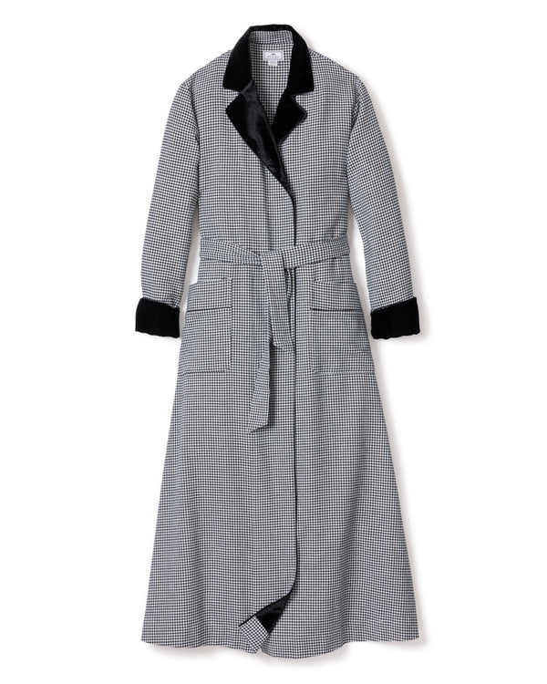 Women's Flannel Long Robe with Velvet Trim in West End Houndstooth