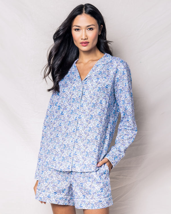 Women's Twill Pajama Long Sleeve Short Set in Fleur D'Azur