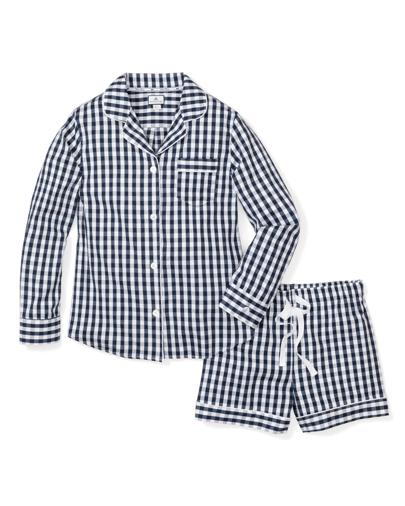 Navy Gingham Long Sleeve Short Set