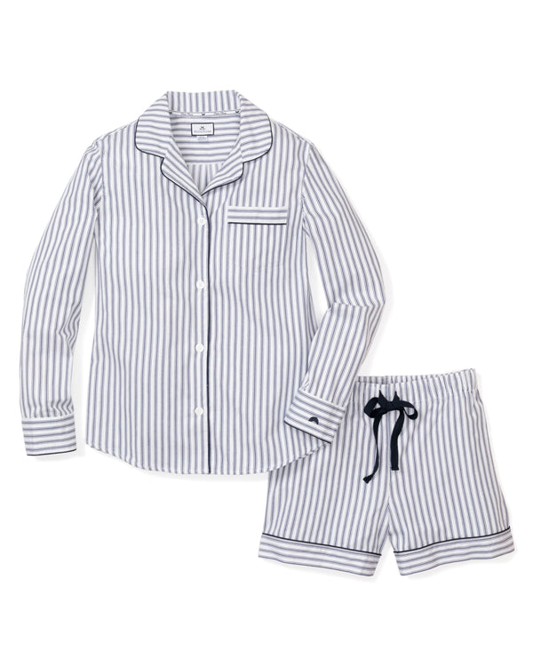 Women's Twill Long Sleeve Short Set in Navy French Ticking