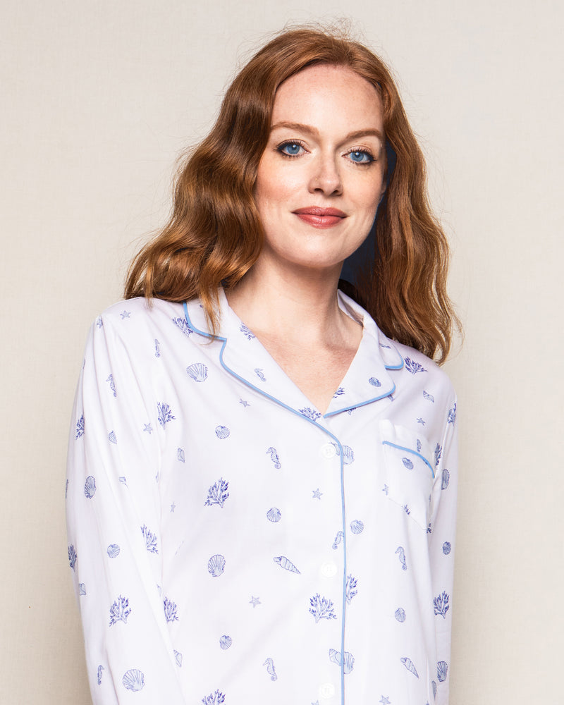 Women's Twill Pajama Long Sleeve Short Set in Suffolk Seashells