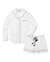 Women's Long Sleeve Short Set in White Twill with Navy Piping